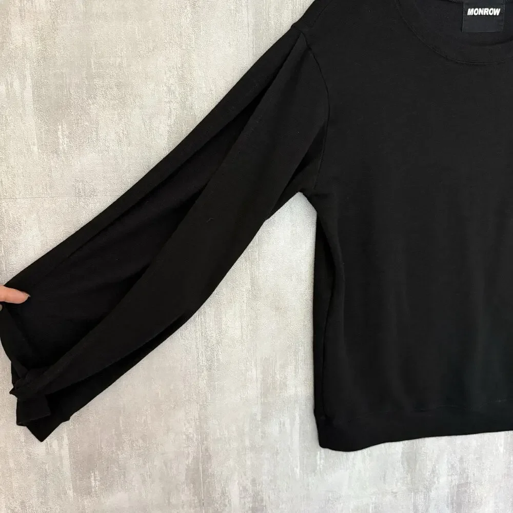 Monrow Sweatshirt Women XS Open Sleeve Pullover Black USA Soft Stretch Crew Neck